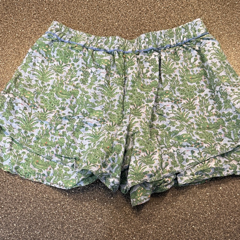 Anthropologie Tiered Blue and Green High-Rise linen blend Elephant Ruffle Shorts - Picture 4 of 7